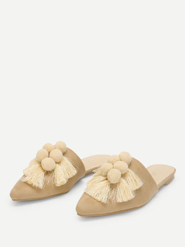 Pom Pom & Tassel Front Flat Mules-shoes-Des Mess