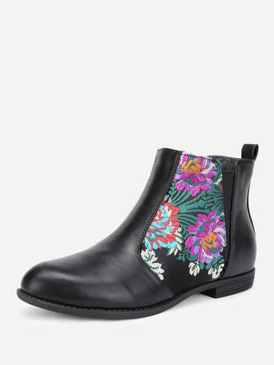 Flower Embroidery PU Flat Boots-shoes-Des Mess