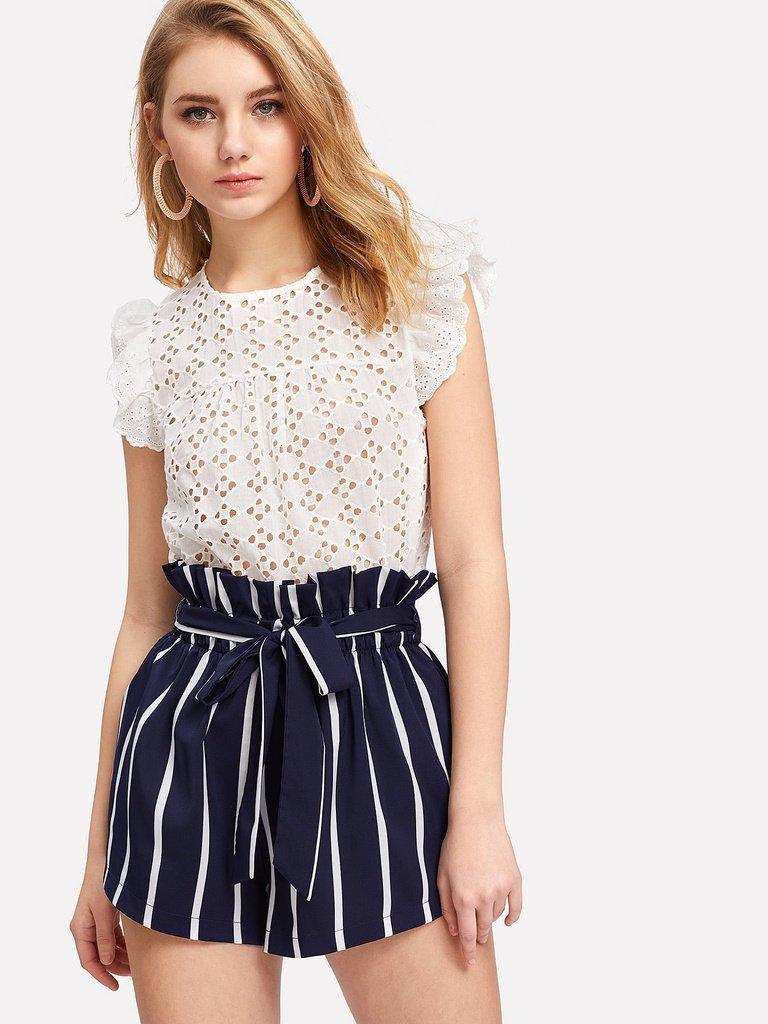 Belted Ruffle Waist Striped Shorts-bottom-Des Mess