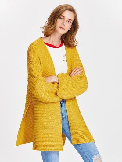 Drop Shoulder Lantern Sleeve Slit Textured Cardigan-outerwear-Des Mess