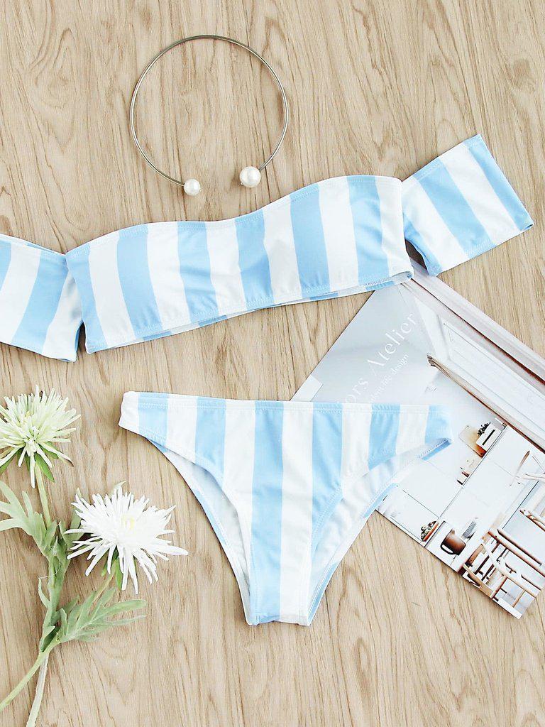 Block Striped Off The Shoulder Bikini Set-swimwear-Des Mess