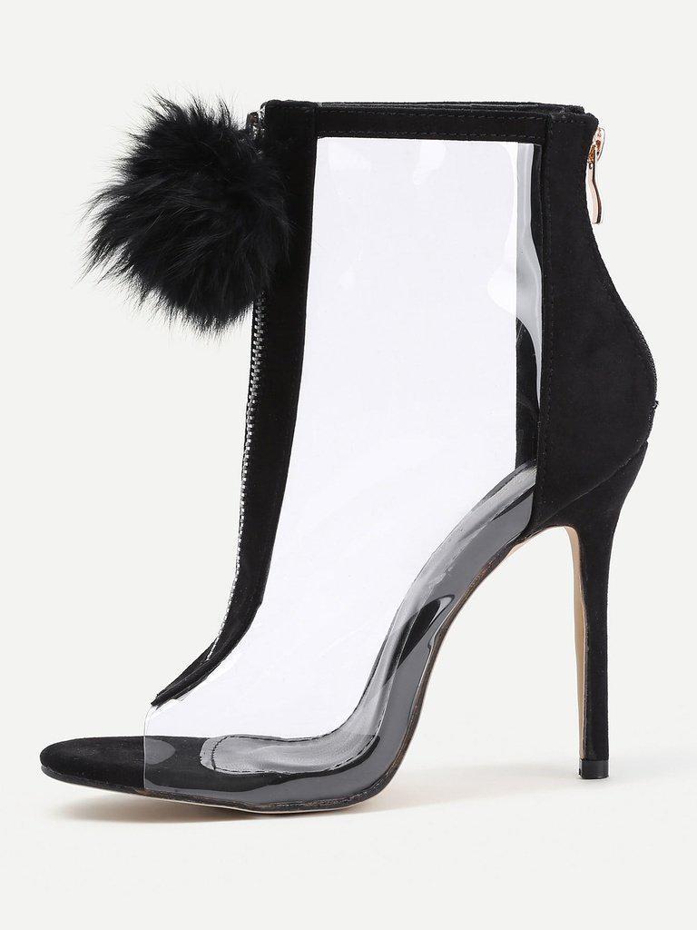 Pom Pom Front Zipper Design Stiletto Heels-shoes-Des Mess