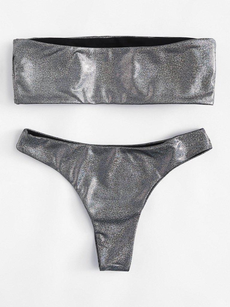 Metallic Bandeau Bikini Set-swimwear-Des Mess