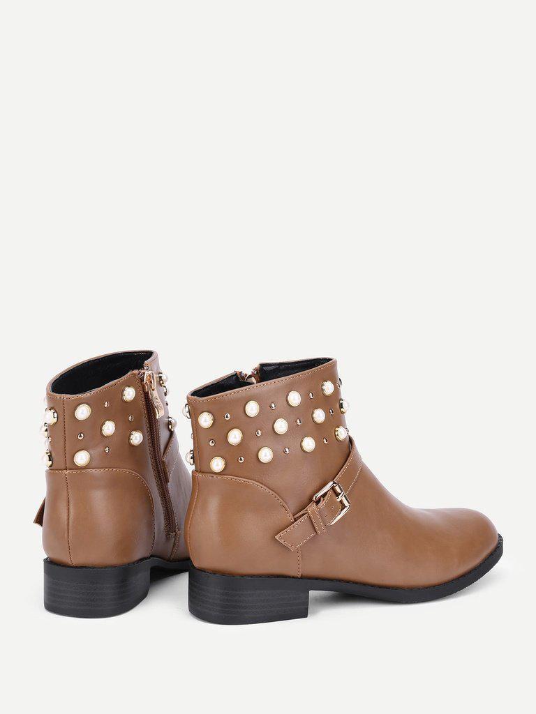 Faux Pearl Detail PU Ankle Boots-shoes-Des Mess