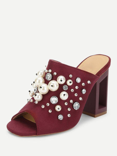 Faux Pearl Decorated Chunky Heeled Mules-shoes-Des Mess