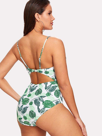 Palm Print Cut Out Swimsuit-swimwear-Des Mess