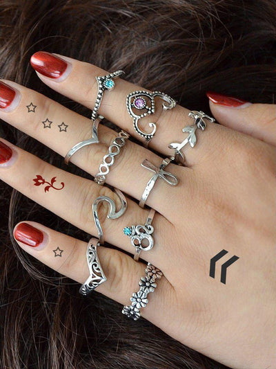 10 Pcs/Set Flower Leaf Rhinestone Rings-jewelry-Des Mess
