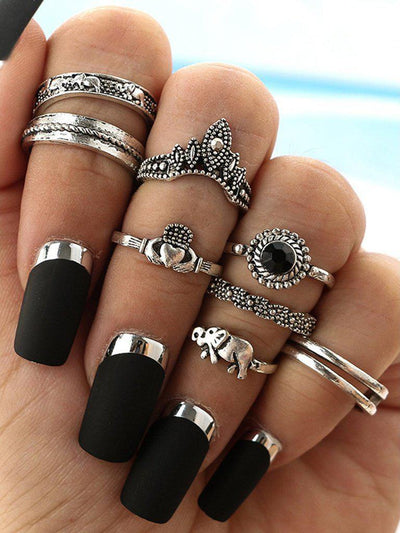 Elephant & Gemstone Rings Set 8pcs-jewelry-Des Mess