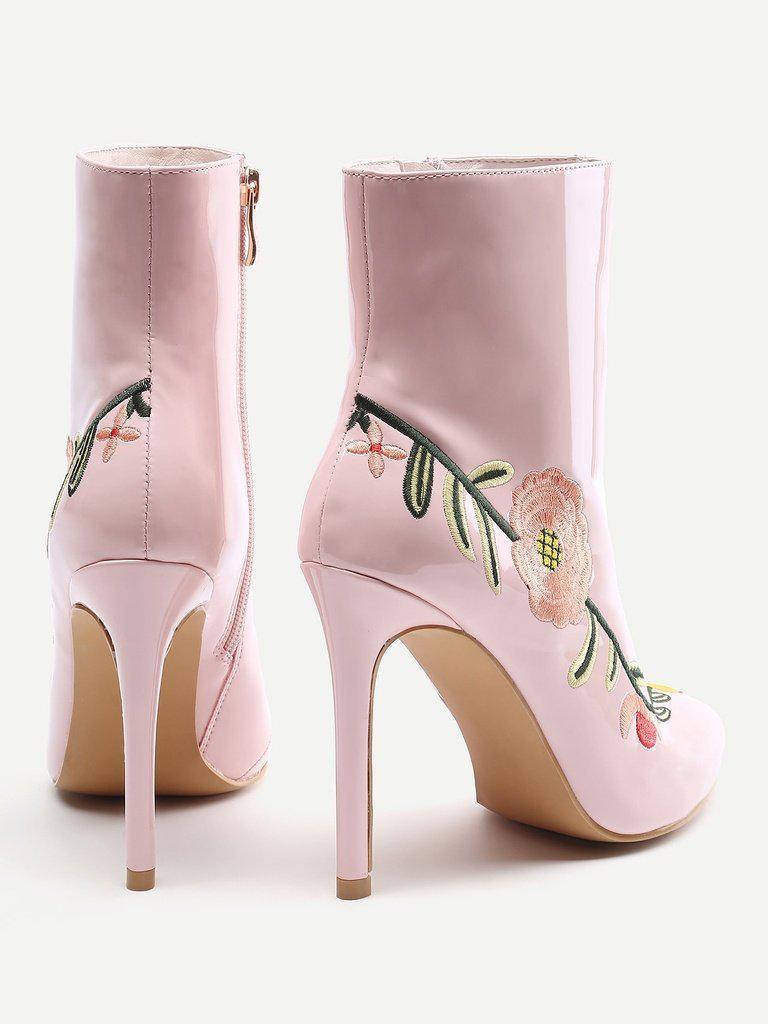 Flowers Embroidery Stiletto Ankle Boots-shoes-Des Mess