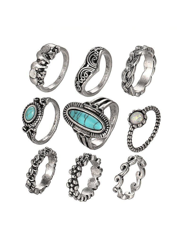 Turquoise Decorated Multi Shaped Ring Set 9pcs-jewelry-Des Mess