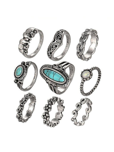 Turquoise Decorated Multi Shaped Ring Set 9pcs-jewelry-Des Mess