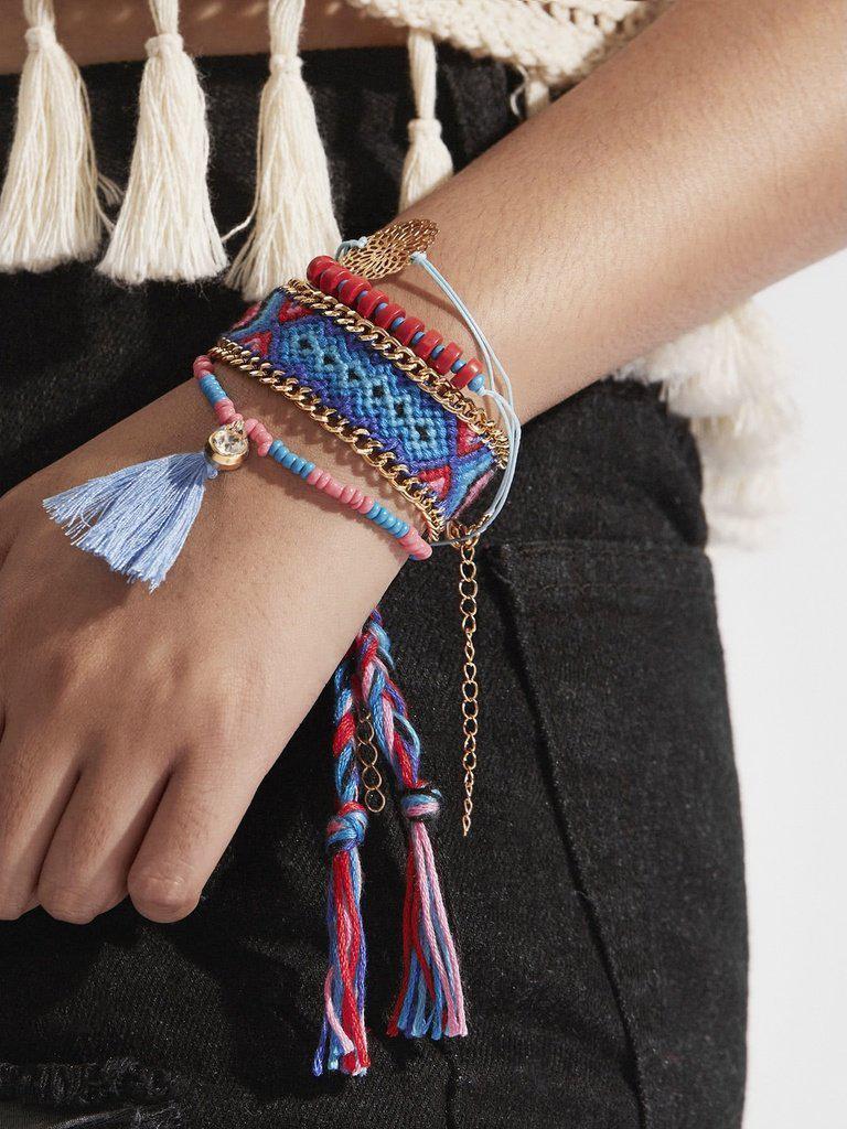 Tassel Detail Beaded & Woven Bracelet Set--Des Mess