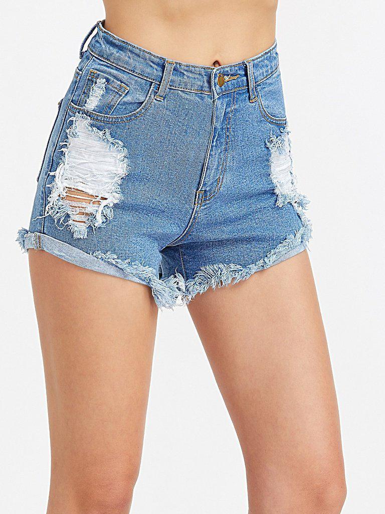 Frayed Roll Hem Distressed Denim Shorts-bottom-Des Mess