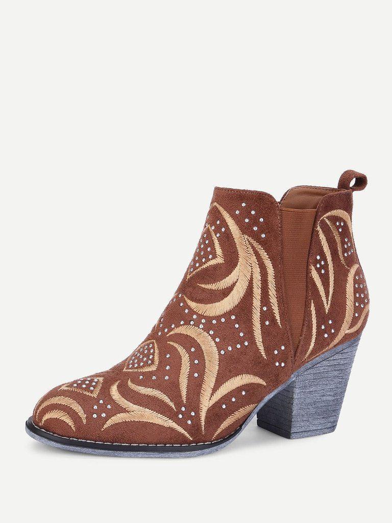 Embroidery Detail Block Heeled Ankle Boots-shoes-Des Mess