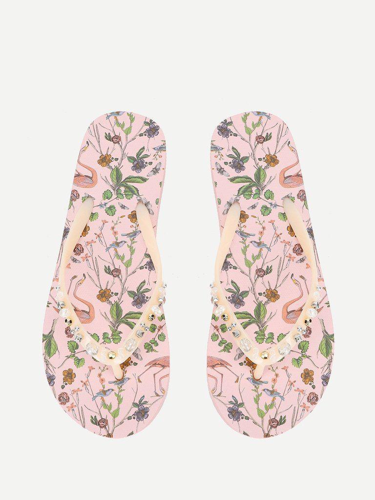 Calico & Bird Print Flip Flops-shoes-Des Mess