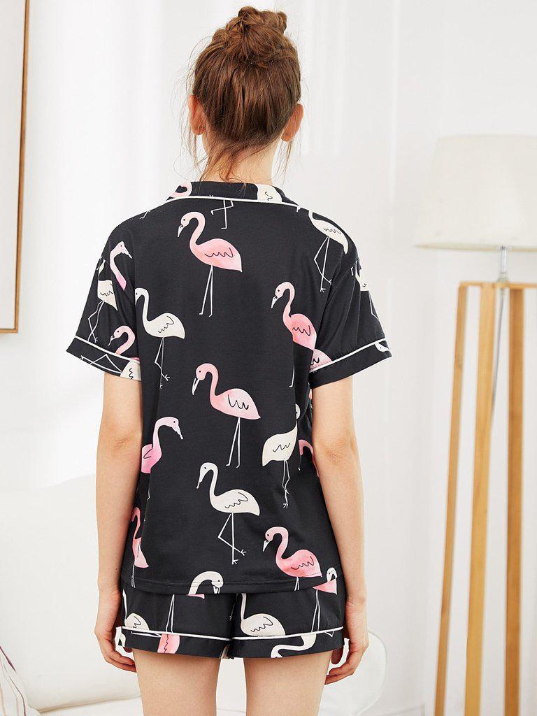 Revere Collar Allover Flamingo Print Blouse & Shorts Pajama Set-loungewear-Des Mess