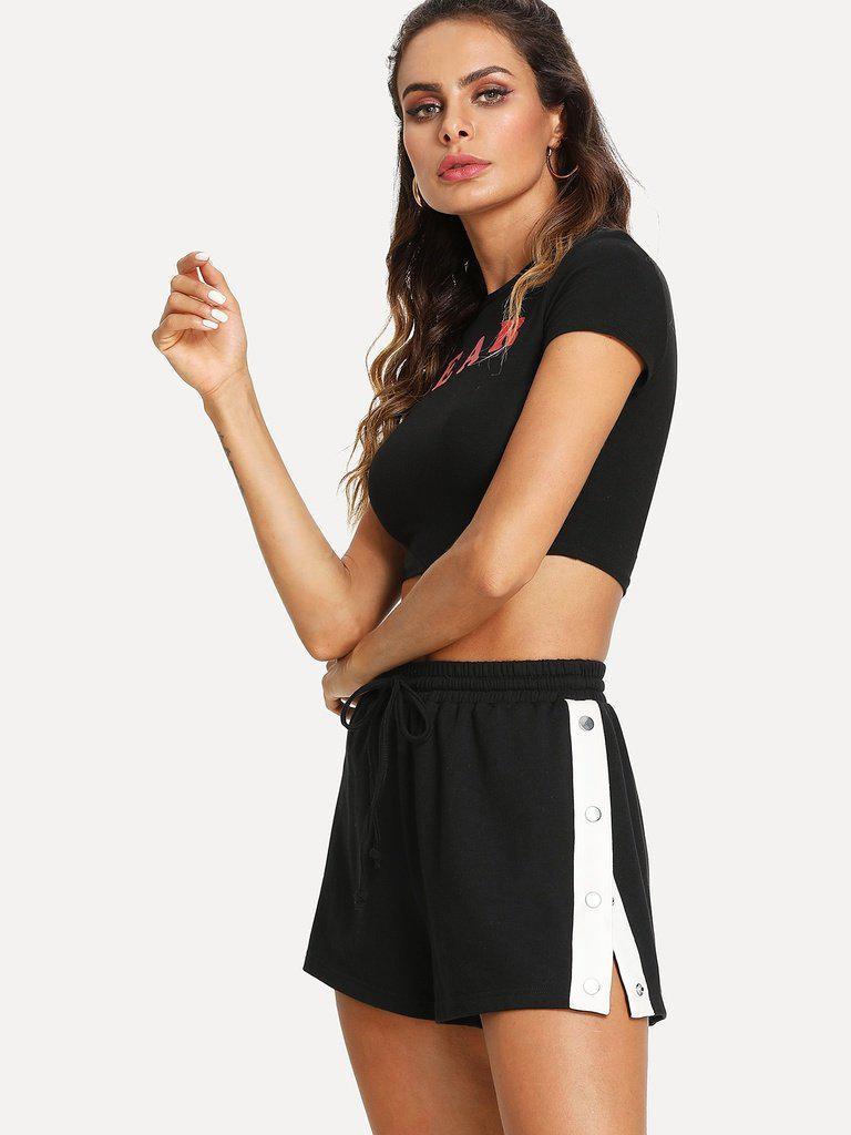 Buttoned Contrast Side Drawstring Shorts-bottom-Des Mess