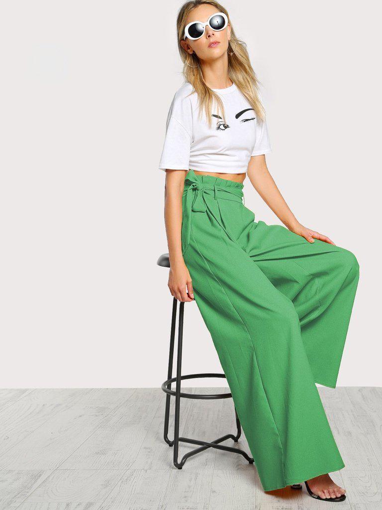 Frill Waist Belted Palazzo Pants-bottom-Des Mess
