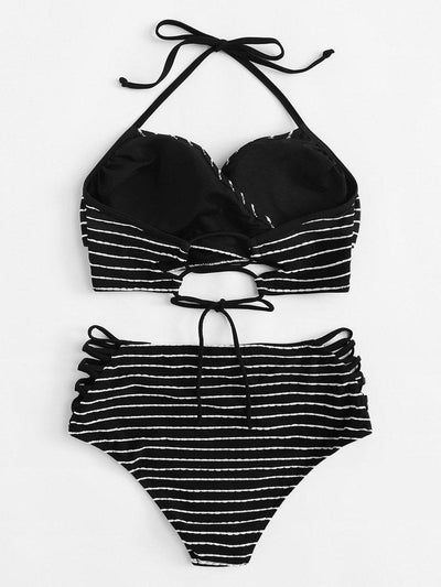 Cross Wrap Striped Halter Bikini Set--Des Mess