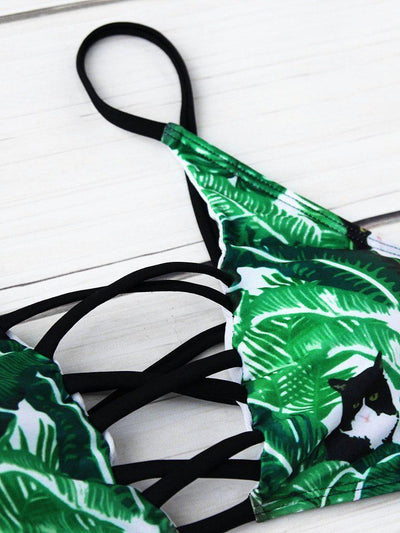 Leaf Print Criss Cross Bikini Set-swimwear-Des Mess