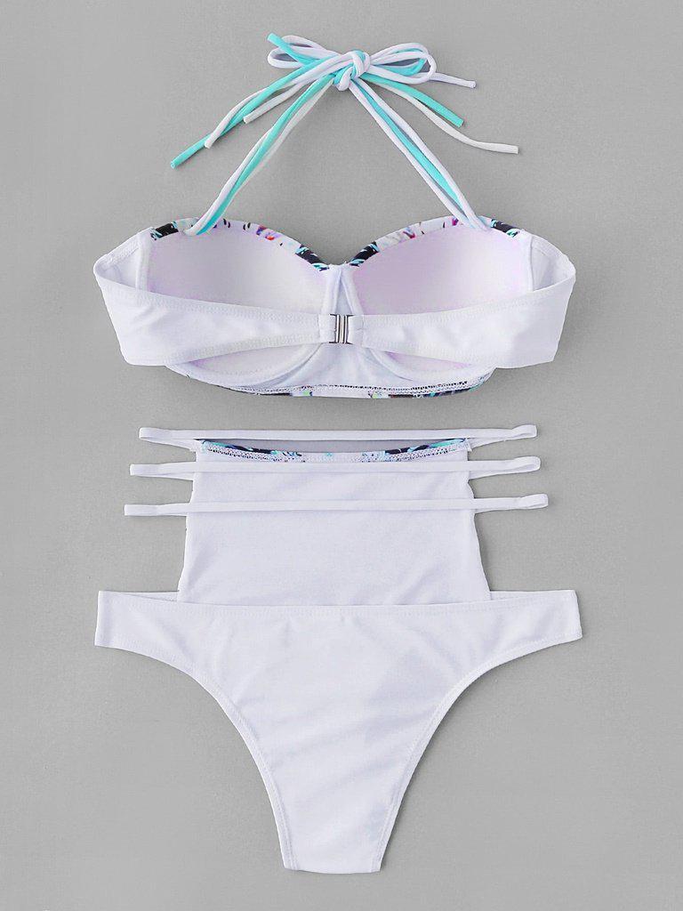 White Flower Print Ladder Cutout High Waist Bikini Set--Des Mess