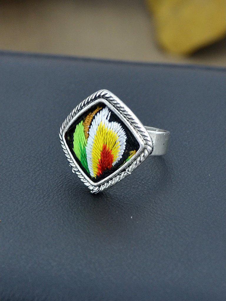 Yellow Handmade Embroidery Flower Pattern Square Boho Rings-jewelry-Des Mess
