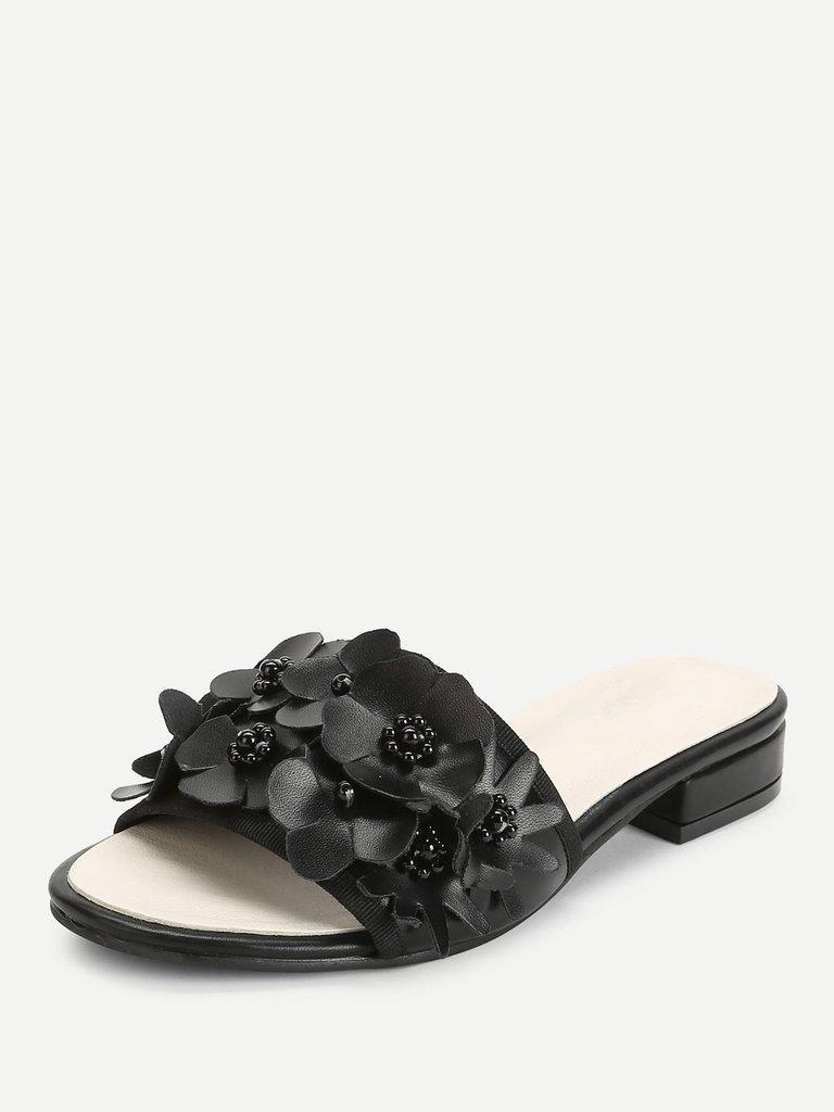 Flower Decorated PU Flat Sliders-shoes-Des Mess