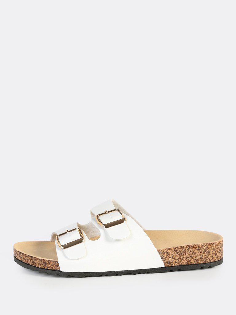 Double Buckle Leather Slides WHITE-shoes-Des Mess