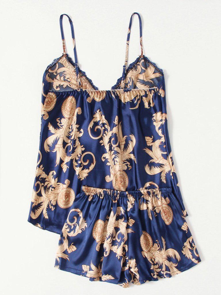 Graphic Print Satin Pajama Set-loungewear-Des Mess