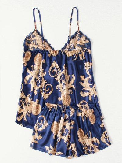 Graphic Print Satin Pajama Set-loungewear-Des Mess