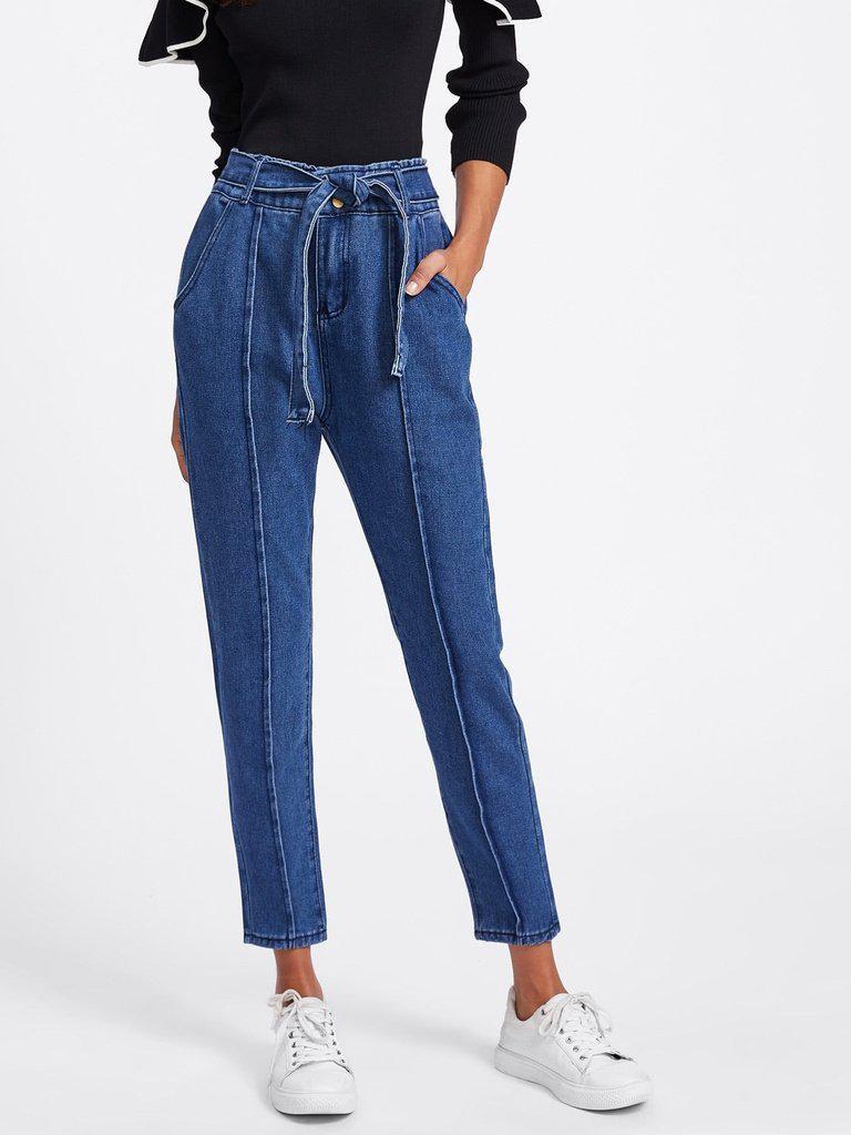 Tie Waist Seam Front Jeans-bottom-Des Mess