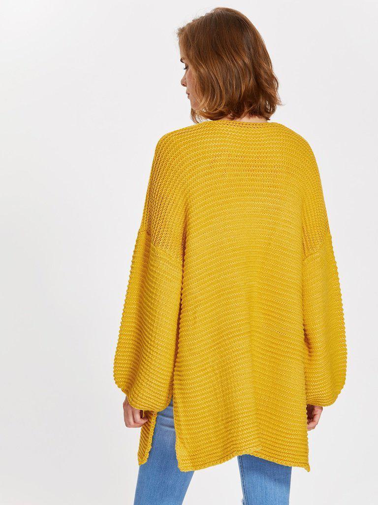 Drop Shoulder Lantern Sleeve Slit Textured Cardigan-outerwear-Des Mess