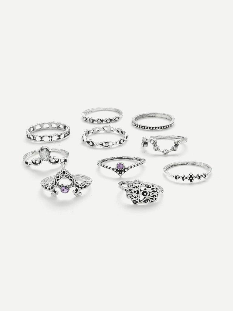 Crown & Hollow Design Ring Set 10Pcs-jewelry-Des Mess