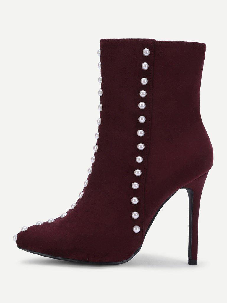 Faux Pearl Decorated Side Zipper Stiletto Boots-shoes-Des Mess