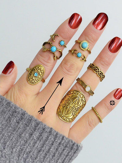 At-Gold Vintage Totem Turquoise Ring 9-Pieces Set-jewelry-Des Mess