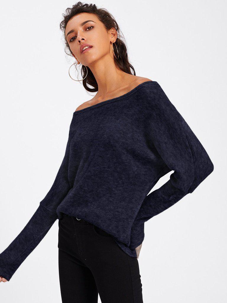 Asymmetric Shoulder Batwing Sleeve Sweater-outerwear-Des Mess