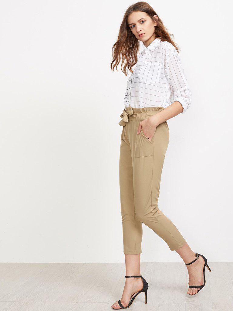 Frill Waist Self Tie Tailored Pants-bottom-Des Mess