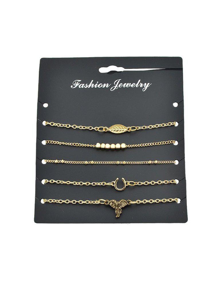 5Pcs/Set Boho Chic Leaf V Shape Elephant Head Charm Bracelets--Des Mess