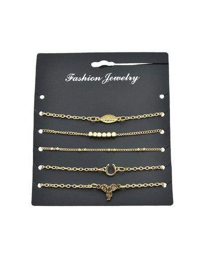 5Pcs/Set Boho Chic Leaf V Shape Elephant Head Charm Bracelets--Des Mess