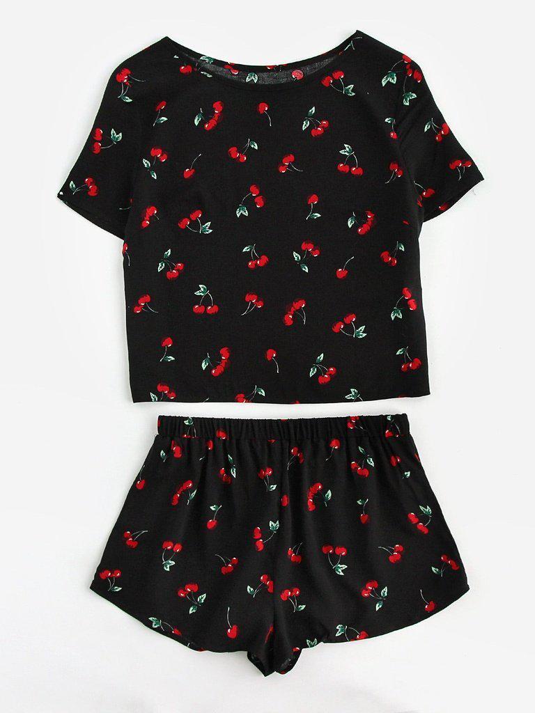 Cherry Print Top And Shorts Pajama Set-loungewear-Des Mess