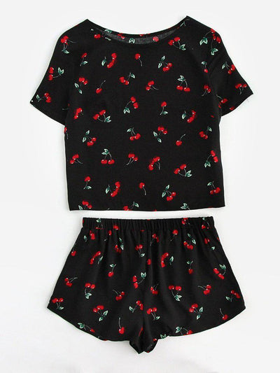 Cherry Print Top And Shorts Pajama Set-loungewear-Des Mess