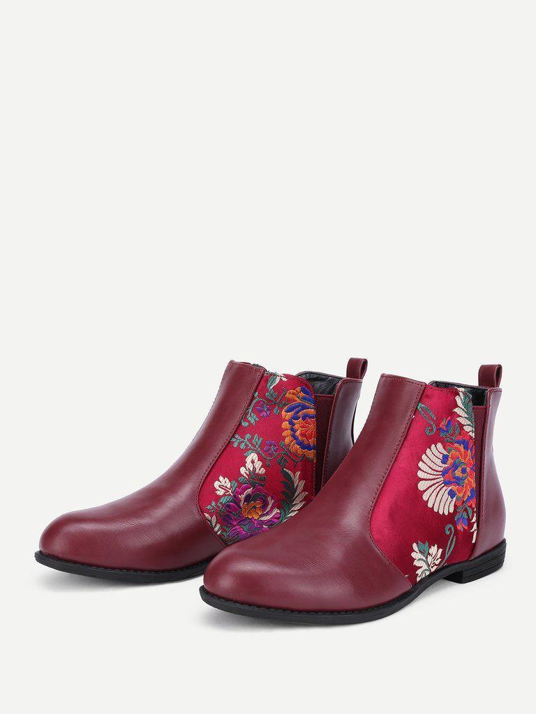 Flower Embroidery PU Flat Boots-shoes-Des Mess