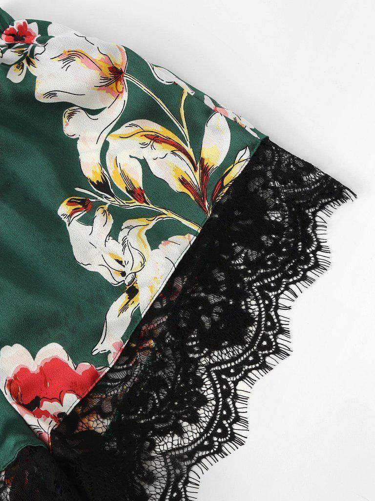 Floral Print Lace Insert Cami Top And Shorts PJ Set-loungewear-Des Mess