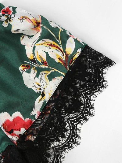 Floral Print Lace Insert Cami Top And Shorts PJ Set-loungewear-Des Mess