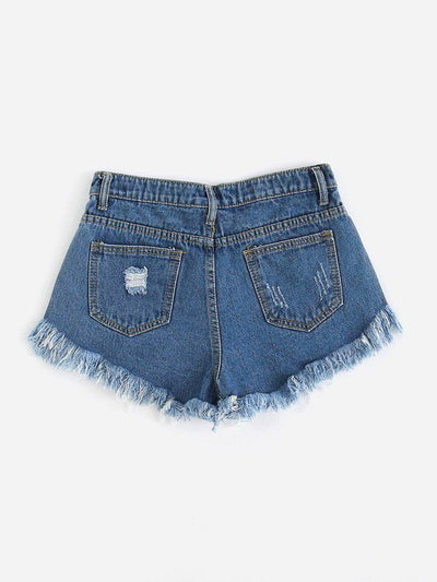 Distressed Fray Hem Denim Shorts-bottom-Des Mess