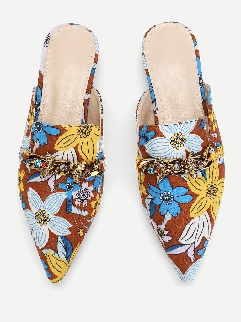 Bee Detail Calico Print Pointed Toe Flats-shoes-Des Mess