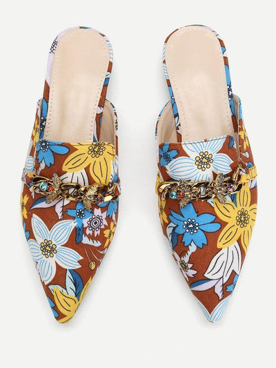 Bee Detail Calico Print Pointed Toe Flats-shoes-Des Mess
