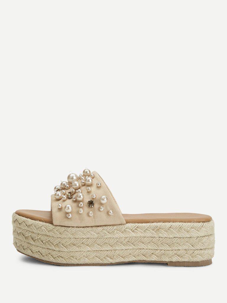 Faux Pearl Espadrille Platform Wedges-shoes-Des Mess