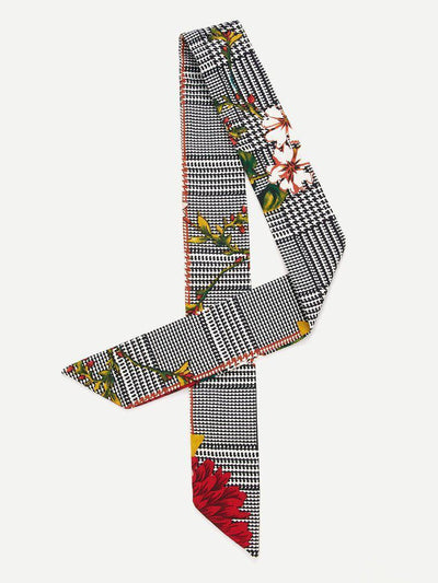 Houndstooth & Flower Print Skinny Scarf-accessories-Des Mess