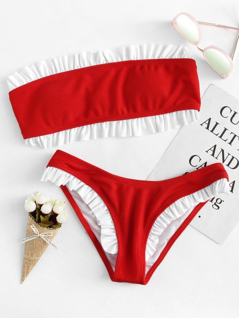 Ruffle Trim Bandeau Bikini Set-swimwear-Des Mess
